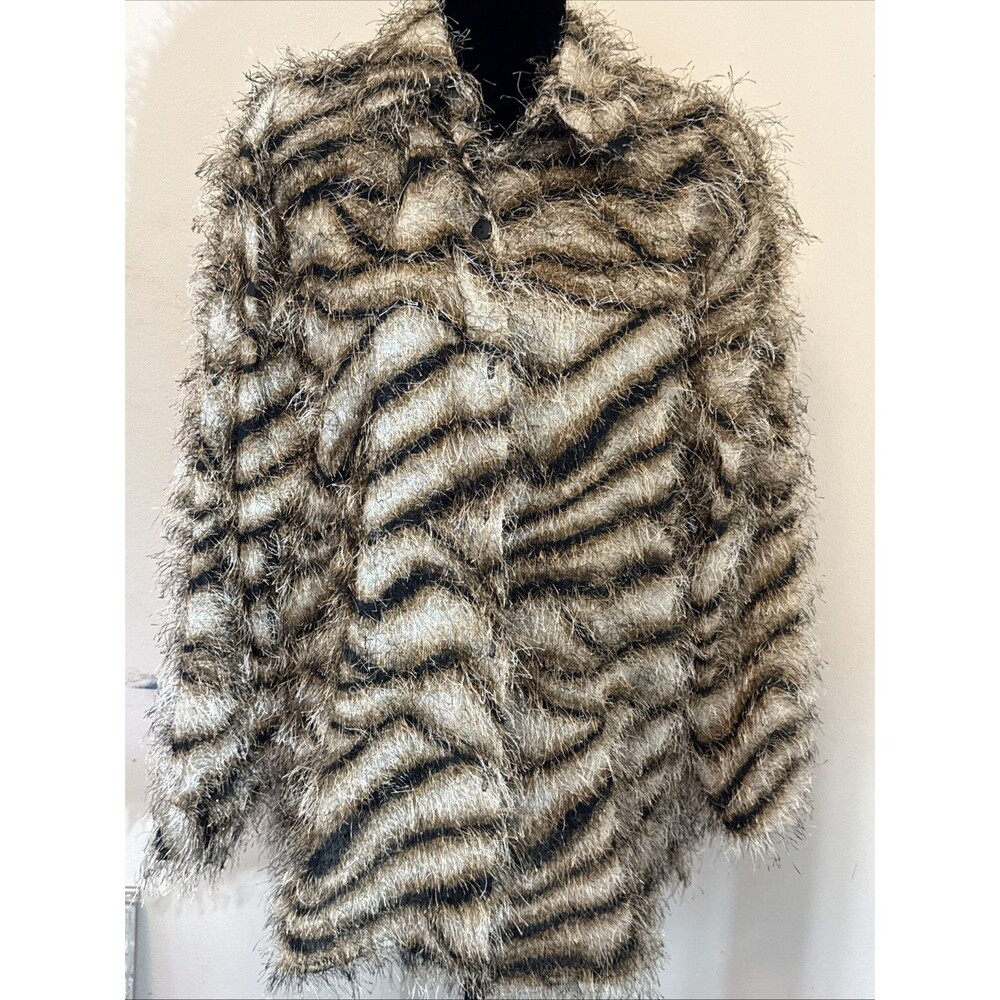 Selene Sport Shacket Women Med Black Brown Striped Eyelash Fringe Shirt VTG
